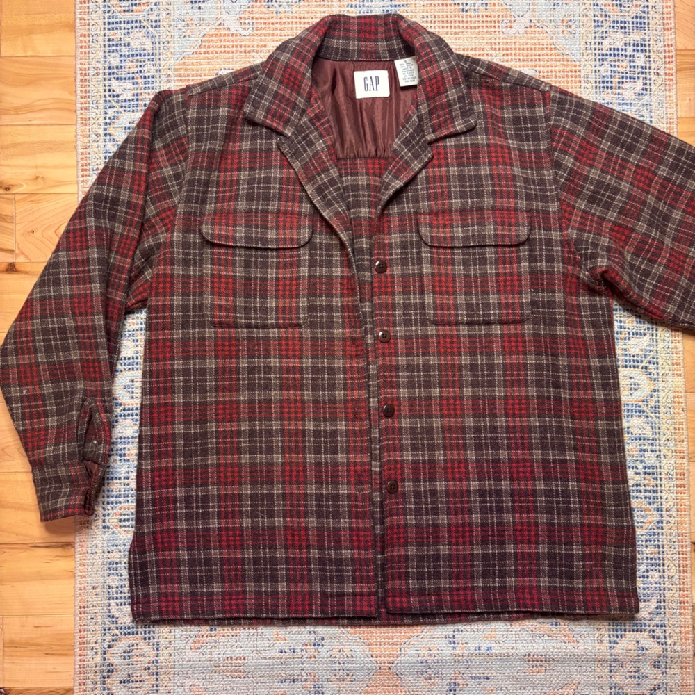 Vintage GAP Wool Blend Plaid Flannel Dutton Up Shirt Red Brown Green Size Small